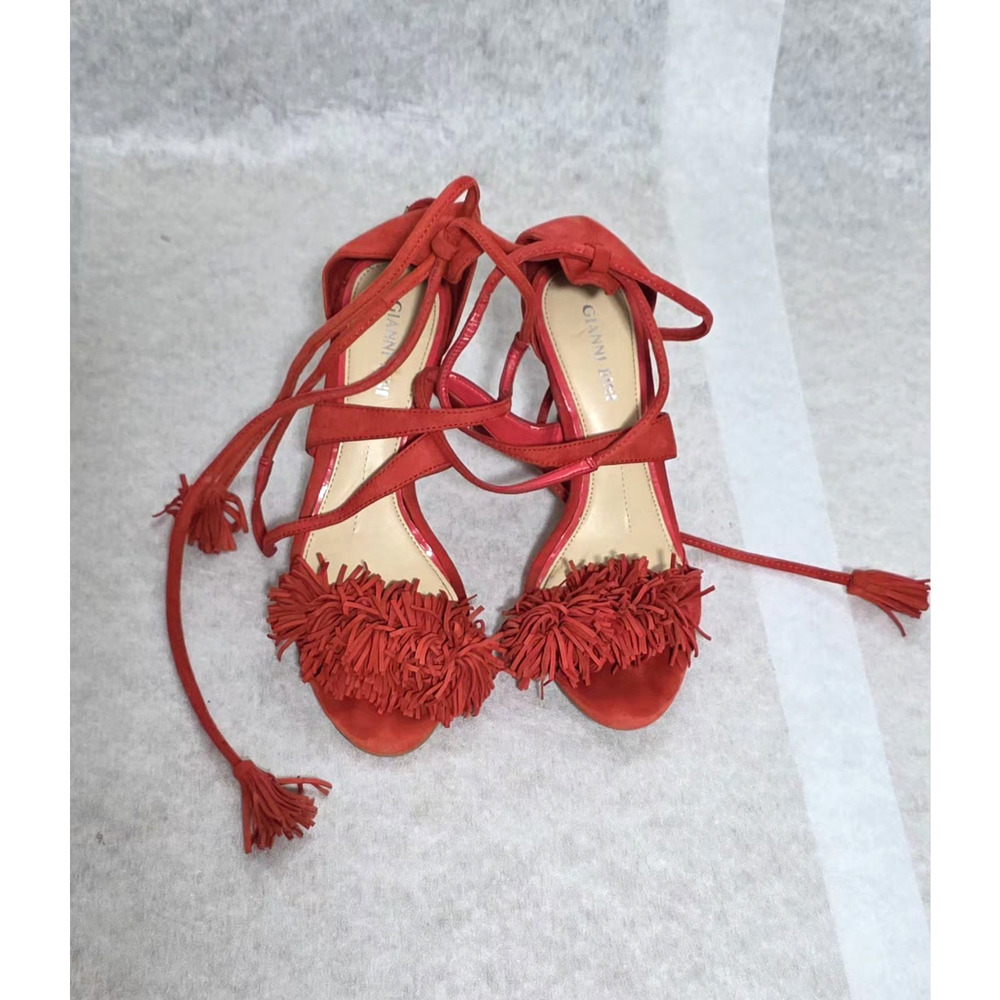 Gianni Bini Red Suede Fringe Tassel Lace Up Heeled Sandals Size 5.5M Boho